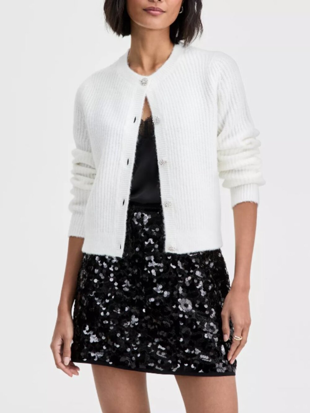 On 34th Women's Lurex Rhinestone-Button Cardigan Winter Ivory Size XS